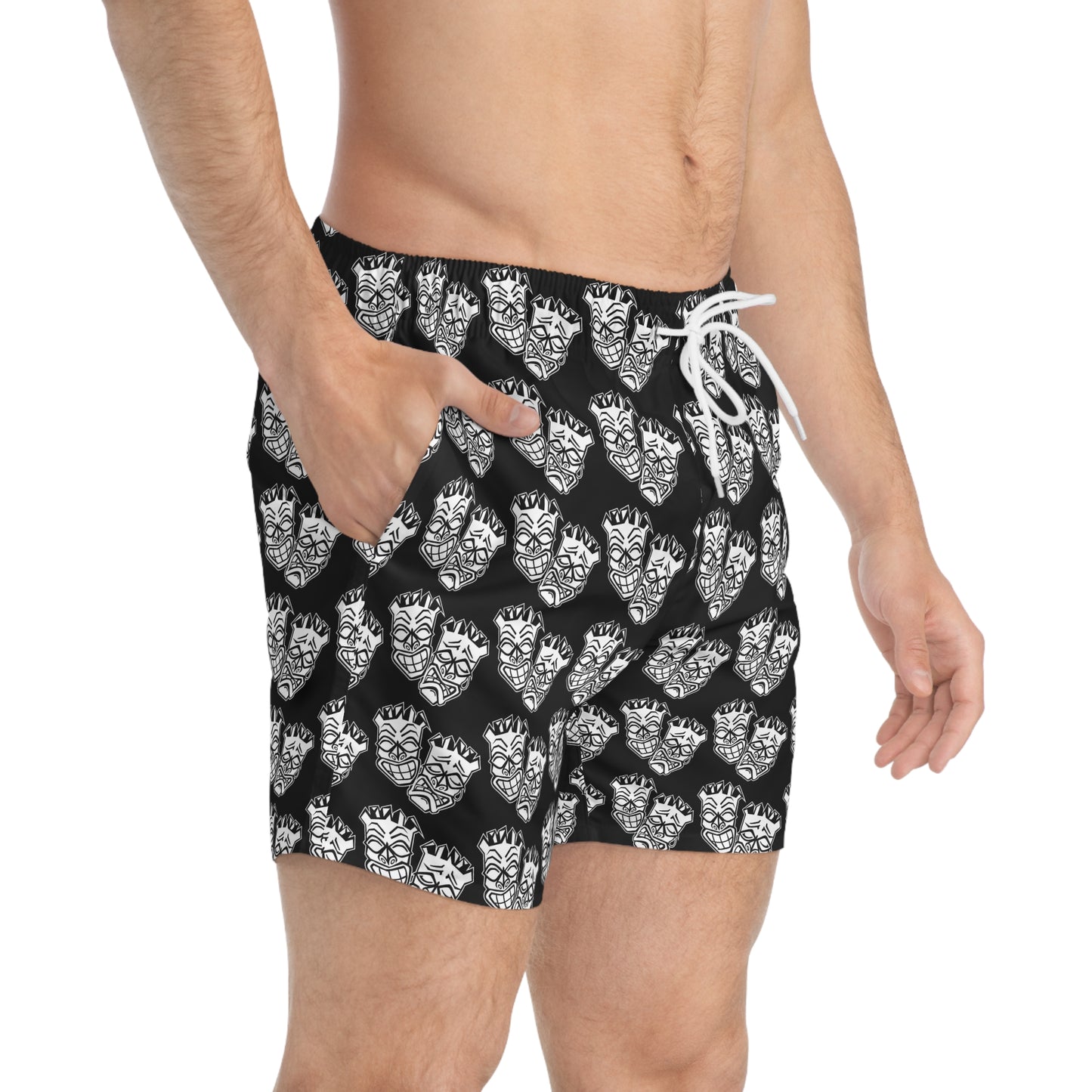 Now & Later Tiki Heads Black Swim Trunks