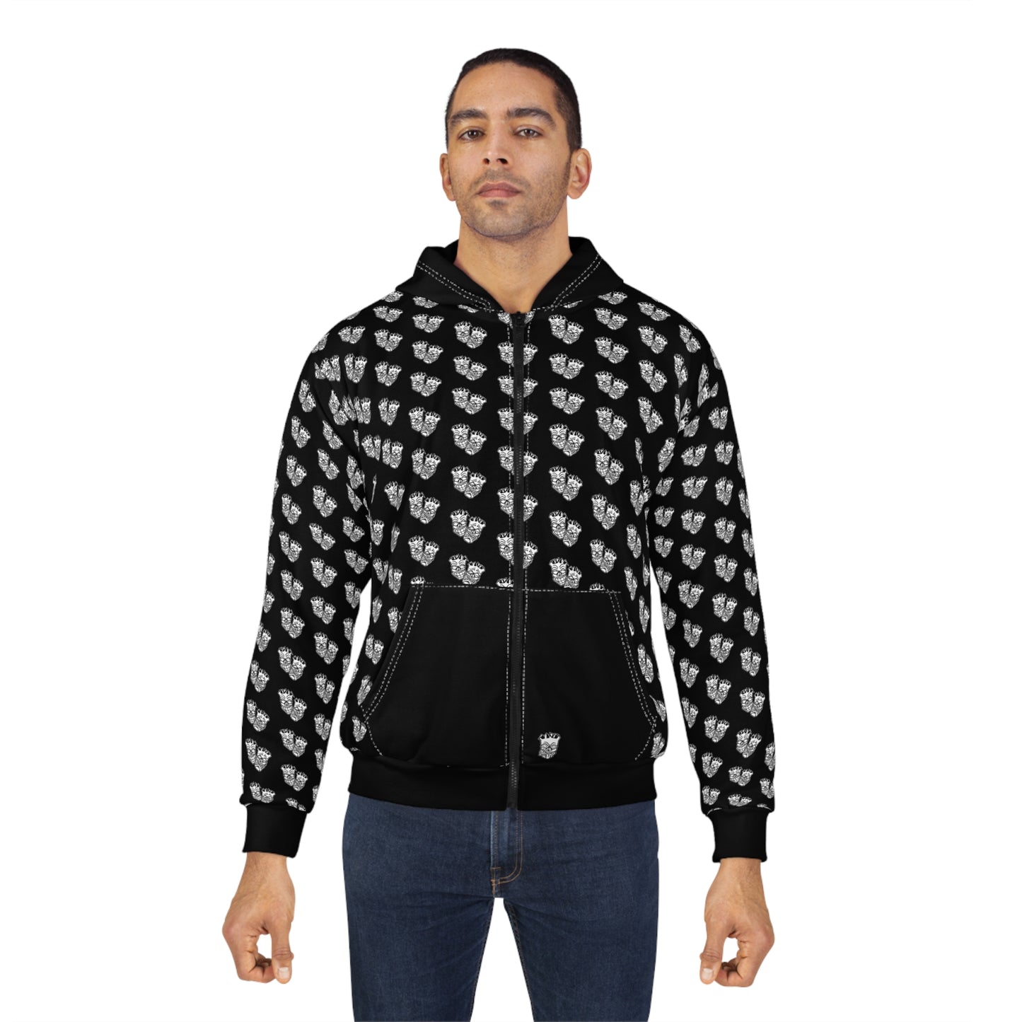 Now & Later Tiki Heads All Over Black Zip Hoodie