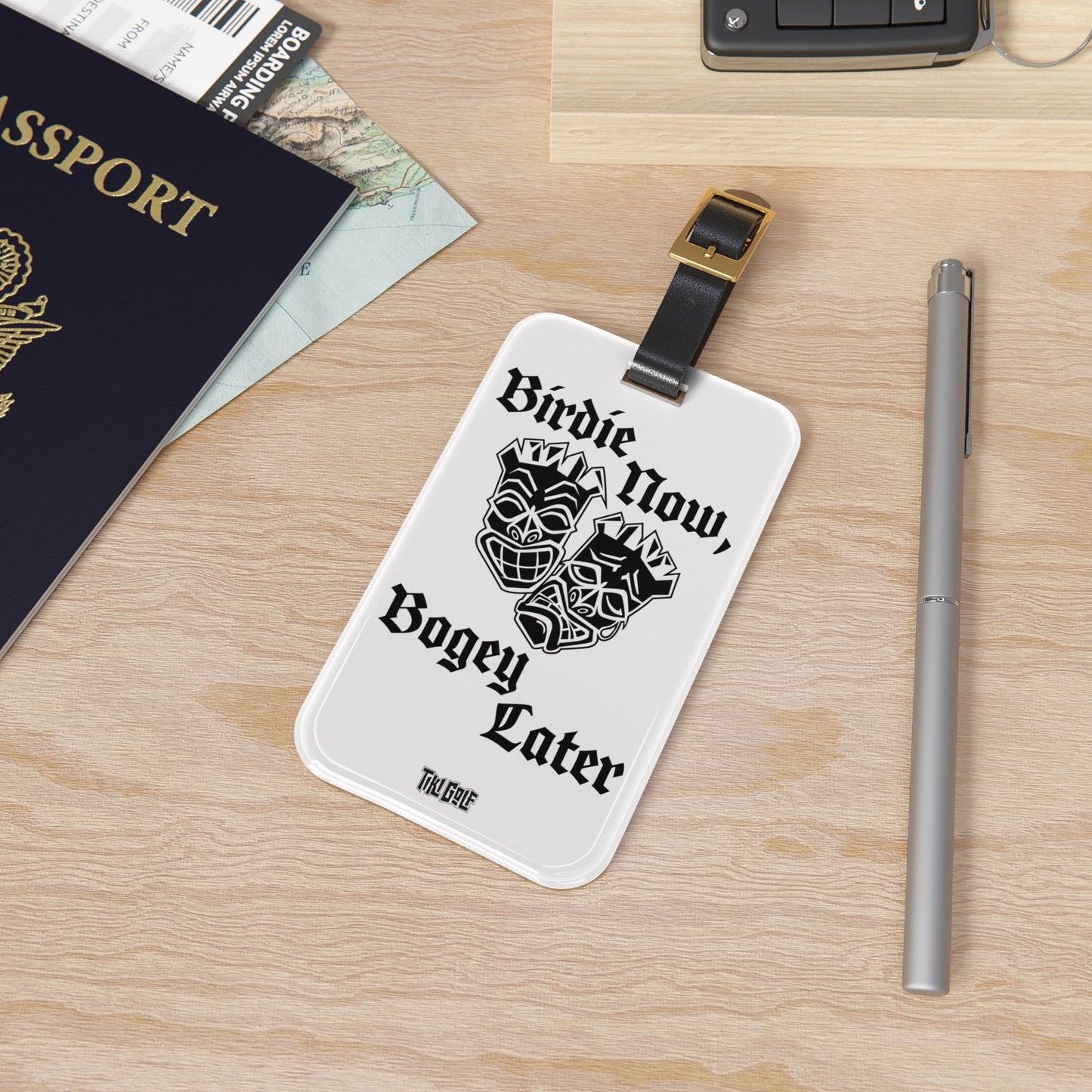 "Birdie Now, Bogey Later" Tiki Golf Bag Tag