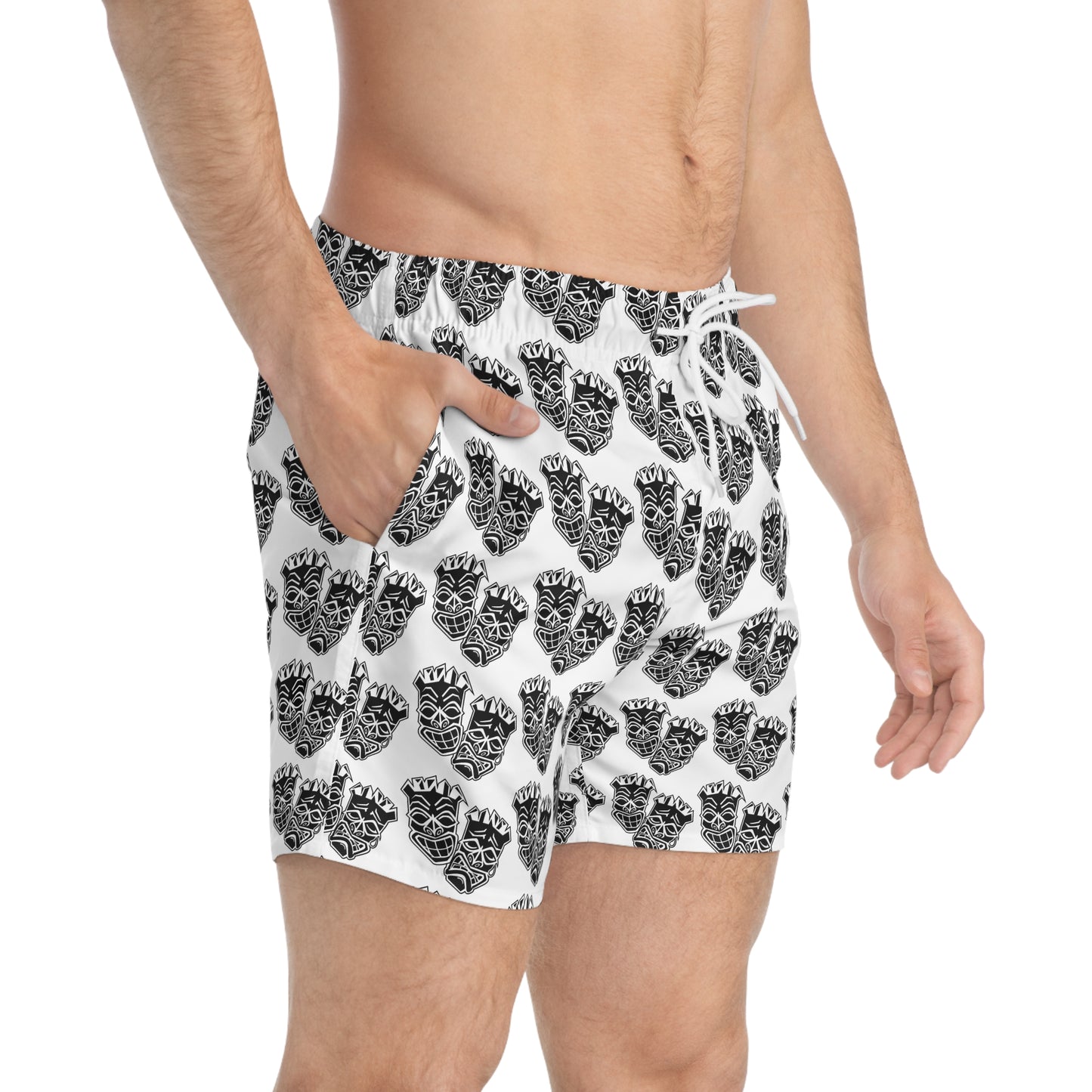 Now & Later Tiki Heads White Swim Trunks