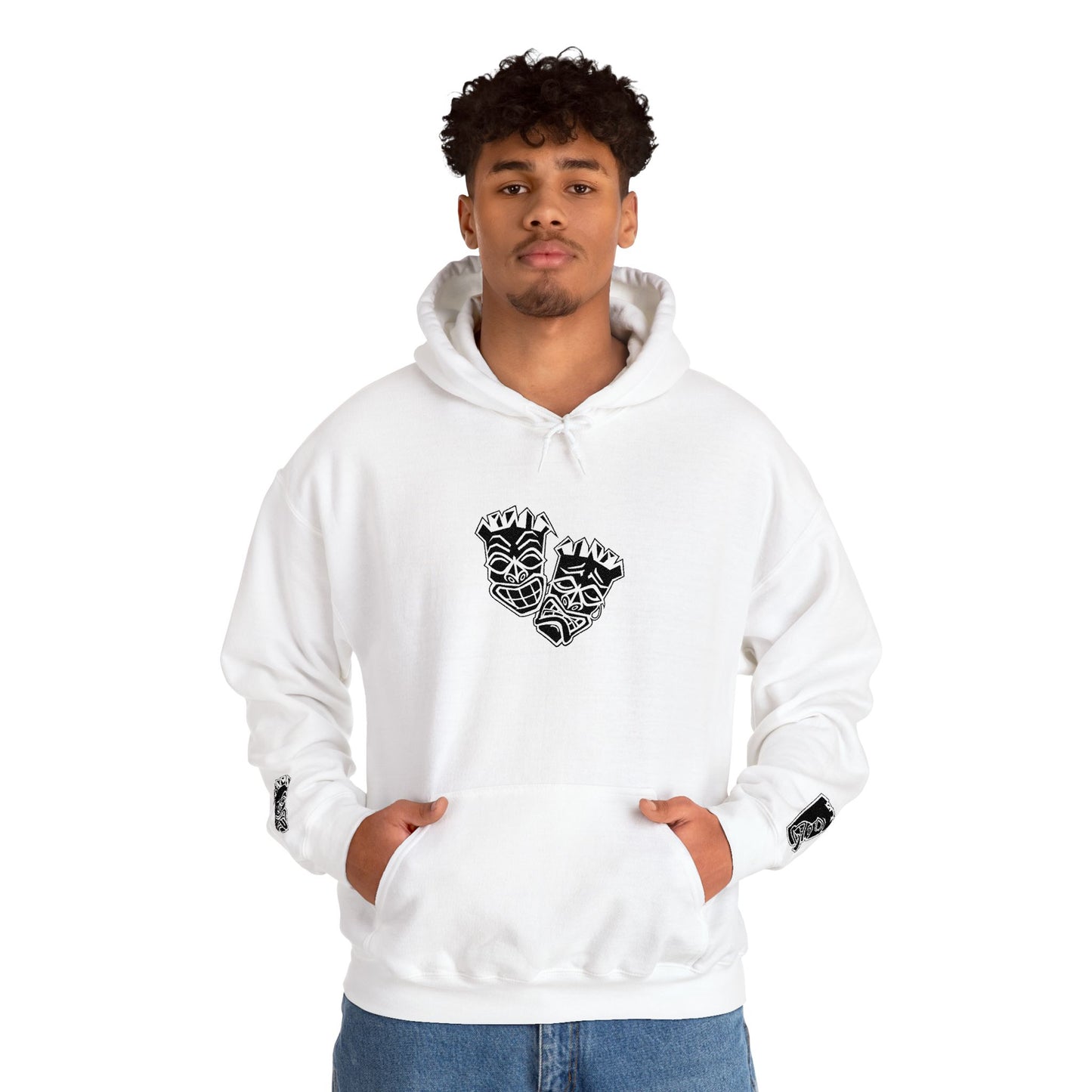 Now & Later Embroidered Black Tiki Heads Hoodie