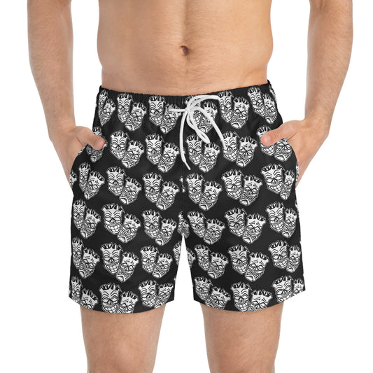 Now & Later Tiki Heads Black Swim Trunks