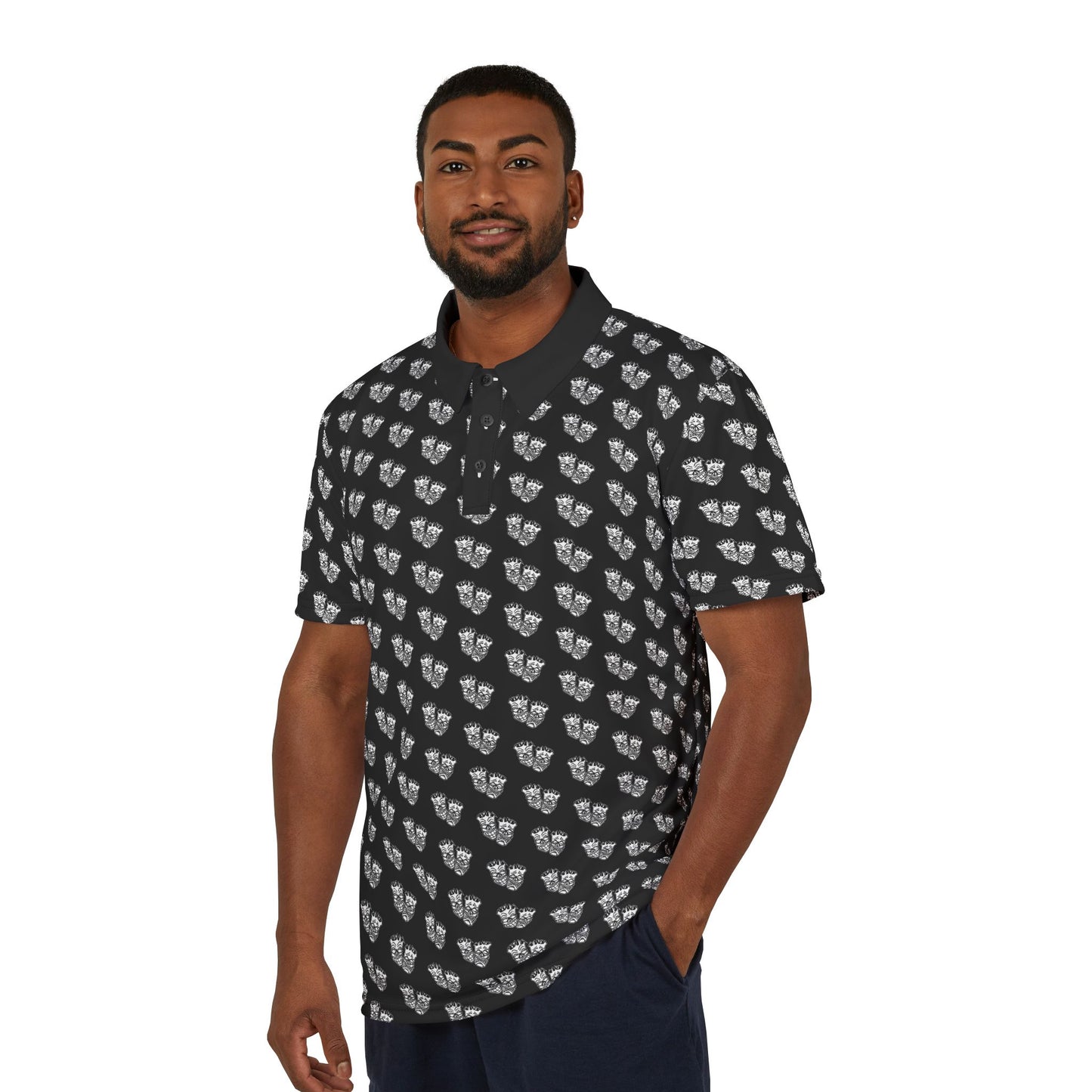 Now & Later Tiki Heads AOP Polo Black Collar