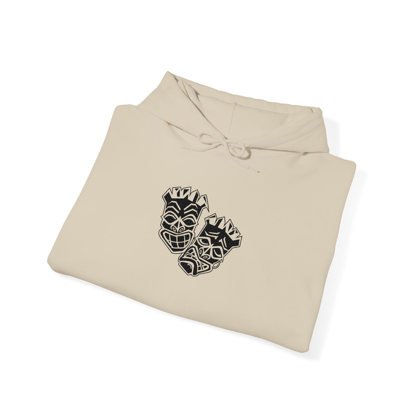 Now & Later Embroidered Black Tiki Heads Hoodie