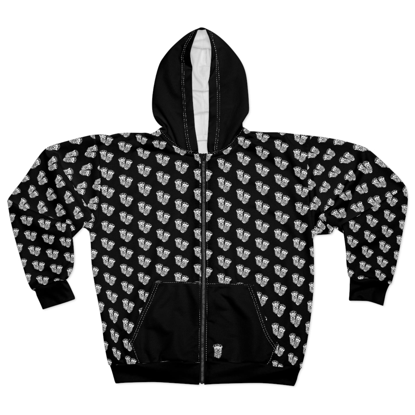 Now & Later Tiki Heads All Over Black Zip Hoodie