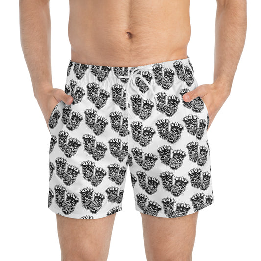 Now & Later Tiki Heads White Swim Trunks