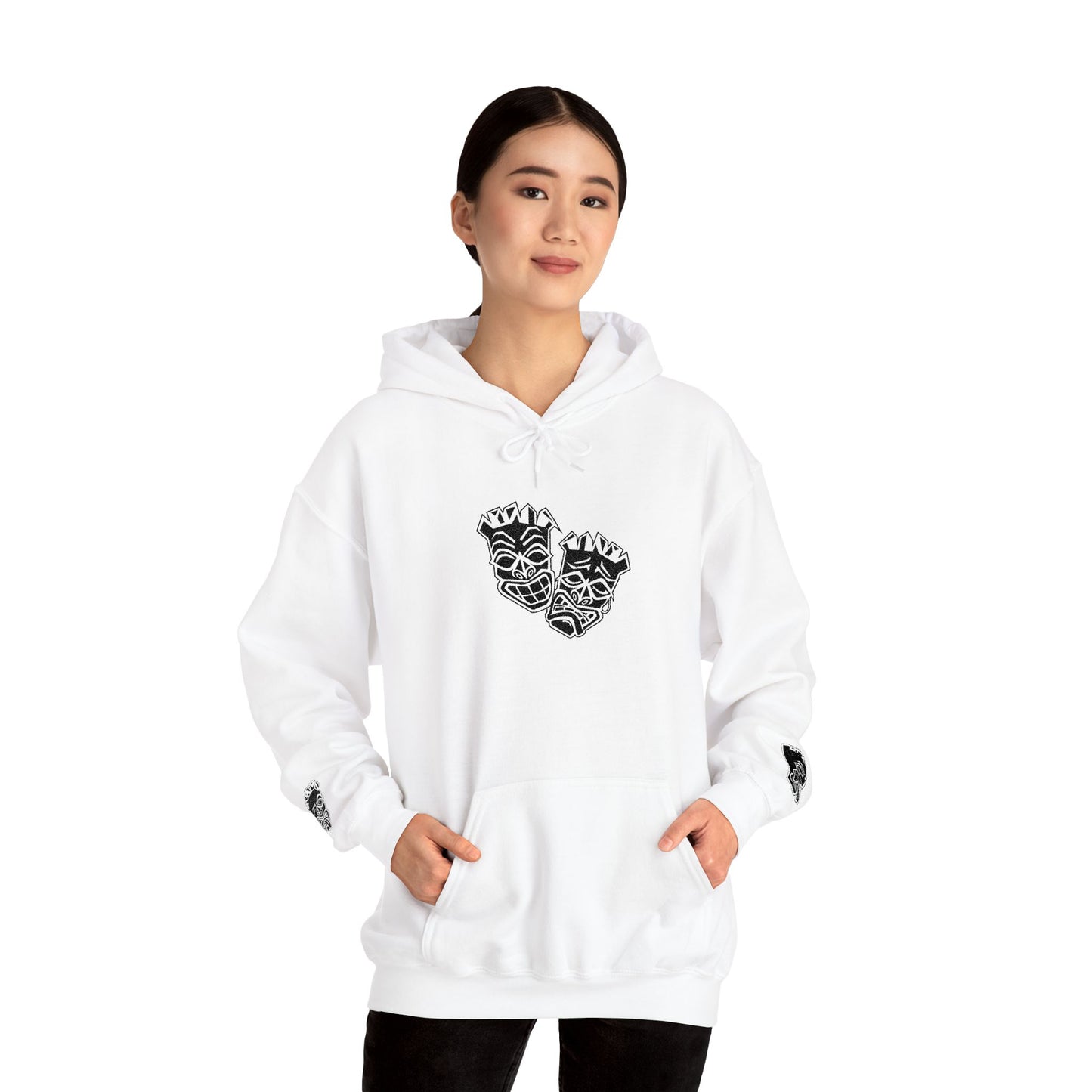 Now & Later Embroidered Black Tiki Heads Hoodie