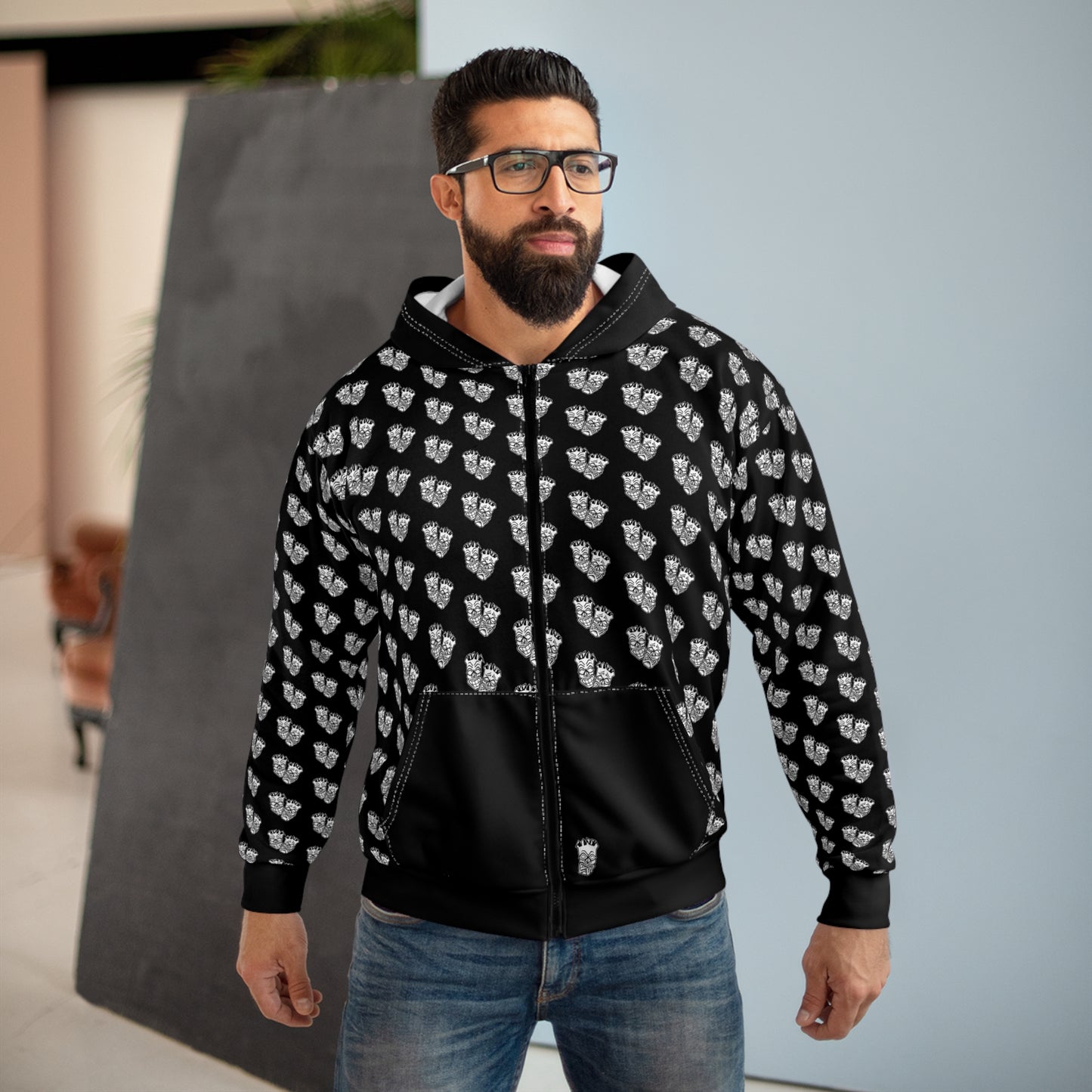 Now & Later Tiki Heads All Over Black Zip Hoodie