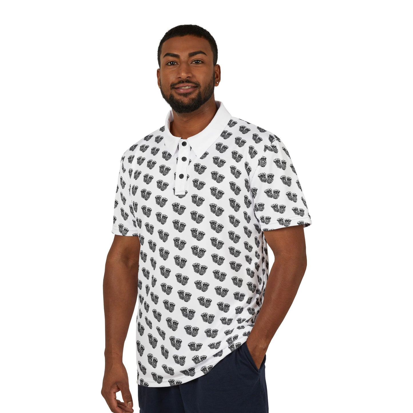 Now & Later Tiki Heads AOP Polo White Collar